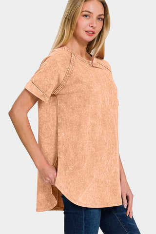 Shop Zenana Heathered Round Neck Short Sleeve Top - High-Quality U.S. Made Women’s Fashion with Free & Fast Shipping