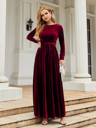 Shop Tie Front Round Neck Long Sleeve Maxi Dress - High-Quality U.S. Made Women’s Fashion with Free & Fast Shipping