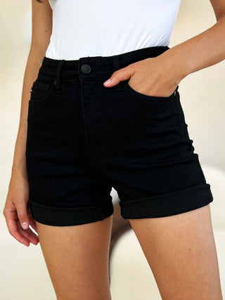 Shop Black Judy Blue Full Size High Waist Tummy Control Cuffed Denim Shorts - High-Quality U.S. Made Women’s Fashion with Free & Fast Shipping