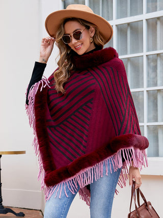 Shop Striped Fringe Hem Poncho - High-Quality U.S. Made Women’s Fashion with Free Fast Shipping