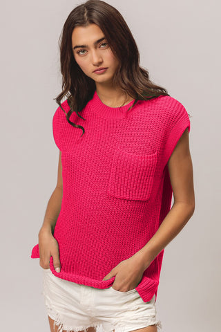 Shop Fuchsia BiBi Patch Pocket Cap Sleeve Sweater Top - High-Quality U.S. Made Women’s Fashion with Free & Fast Shipping