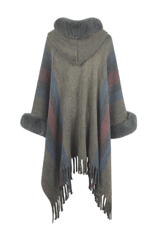 Shop Color Block Fringe Detail Poncho - High-Quality U.S. Made Women’s Fashion with Free Fast Shipping