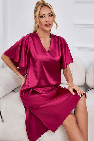 Shop Satin Flutter Sleeve Side Slit V-Neck Night Dress - High-Quality U.S. Made Women’s Fashion with Free & Fast Shipping