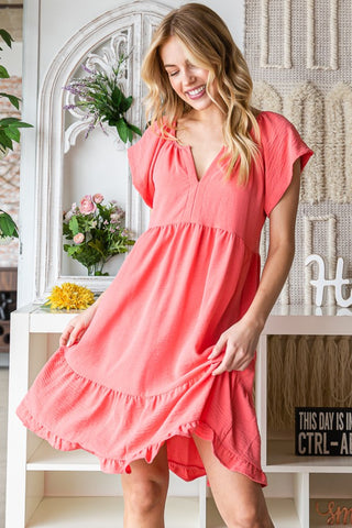 Shop Coral Reborn J Ruffled Notched Cap Sleeve Dress - High-Quality U.S. Made Women’s Fashion with Free & Fast Shipping