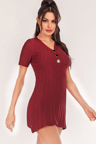 Shop Buttoned Short Sleeve V-Neck Knit Dress - High-Quality U.S. Made Women’s Fashion with Free Fast Shipping