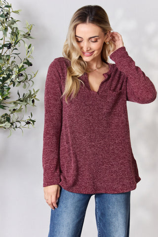 Shop Heimish Full Size Notched Long Sleeve Top - High-Quality U.S. Made Women’s Fashion with Free & Fast Shipping