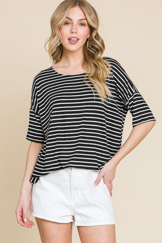 Shop BOMBOM Striped Round Neck T-Shirt - High-Quality U.S. Made Women’s Fashion with Free & Fast Shipping