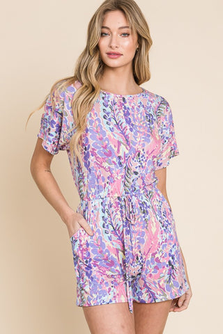 Shop Plum BOMBOM Print Short Sleeve Romper with Pockets - High-Quality U.S. Made Women’s Fashion with Free & Fast Shipping