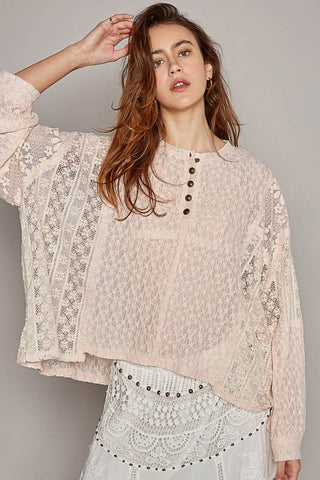 Shop Blush POL Round Neck Long Sleeve Raw Edge Lace Top - High-Quality U.S. Made Women’s Fashion with Free & Fast Shipping