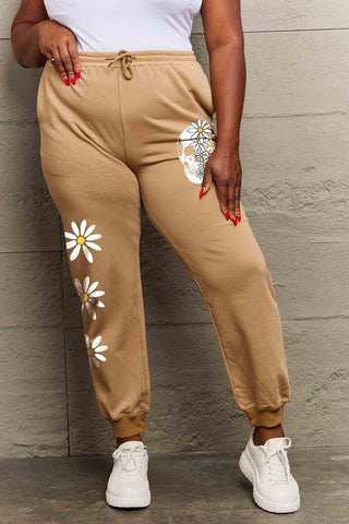 Shop Mocha Simply Love Simply Love Full Size Drawstring Flower & Skull Graphic Long Sweatpants - High-Quality U.S. Made Women’s Fashion with Free & Fast Shipping