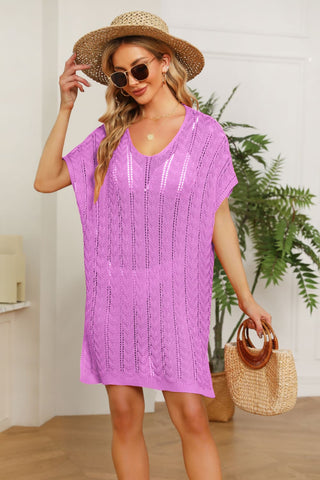 Shop Red-Violet One Size Openwork Side Slit Knit Dress - High-Quality U.S. Made Women’s Fashion with Free & Fast Shipping