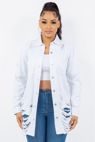 Shop White American Bazi Distressed Button Up Long Sleeve Denim Jacket - High-Quality U.S. Made Women’s Fashion with Free & Fast Shipping