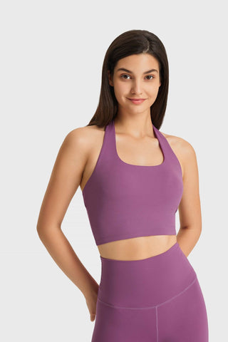 Shop Purple Millennia Breathable Halter Neck Sports Bra - High-Quality U.S. Made Women’s Fashion with Free & Fast Shipping