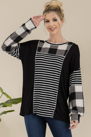 Shop Black White Plaid Celeste Full Size Color Block Exposed Seam T-Shirt - High-Quality U.S. Made Women’s Fashion with Free & Fast Shipping