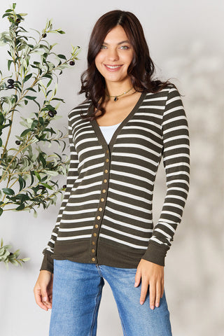 Shop Dark Olive Ivory Zenana Full Size Striped Snap Down Cardigan - High-Quality U.S. Made Women’s Fashion with Free & Fast Shipping