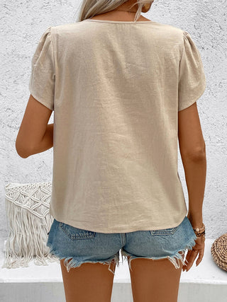 Shop Honey Notched Short Sleeve Blouse - High-Quality U.S. Made Women’s Fashion with Free Fast Shipping