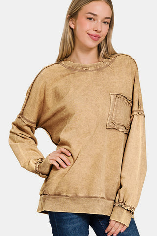 Shop Zenana Exposed Seam Round Neck Dropped Shoulder Sweatshirt - High-Quality U.S. Made Women’s Fashion with Free & Fast Shipping