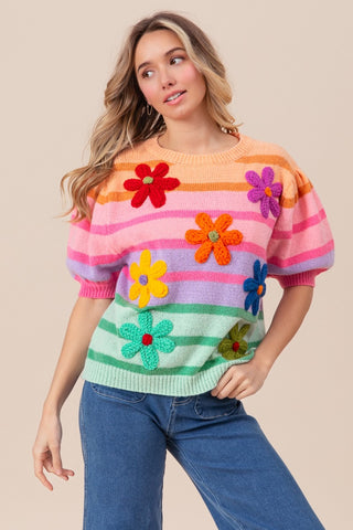 Shop BiBi Flower Patch Puff Sleeve Striped Sweater - High-Quality U.S. Made Women’s Fashion with Free & Fast Shipping