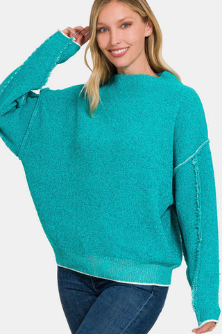 Shop Lt Teal Zenana Exposed Seam Mock Neck Long Sleeve Sweater - High-Quality U.S. Made Women’s Fashion with Free & Fast Shipping