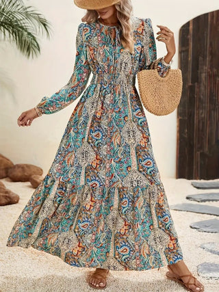 Shop Printed Tie Neck Long Sleeve Maxi Dress - High-Quality U.S. Made Women’s Fashion with Free & Fast Shipping