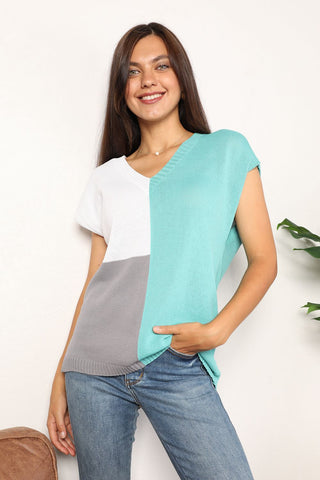 Shop Color Block V-Neck Knit Top - High-Quality U.S. Made Women’s Fashion with Free & Fast Shipping