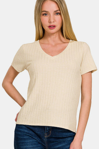 Shop Sand Beige Zenana Ribbed Short Sleeve T-Shirt - High-Quality U.S. Made Women’s Fashion with Free & Fast Shipping