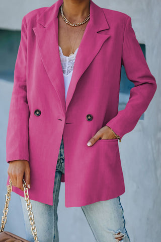 Shop Rose Double Take Double-Breasted Padded Shoulder Blazer with Pockets - High-Quality U.S. Made Women’s Fashion with Free & Fast Shipping