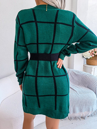 Shop Plaid Round Neck Dropped Shoulder Sweater Dress - High-Quality U.S. Made Women’s Fashion with Free Fast Shipping