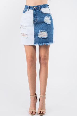 Shop American Bazi Contrast Patched Frayed Denim Distressed Skirts - High-Quality U.S. Made Women’s Fashion with Free Fast Shipping