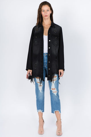 Shop American Bazi Distressed Frayed Hem Denim Jacket - High-Quality U.S. Made Women’s Fashion with Free & Fast Shipping