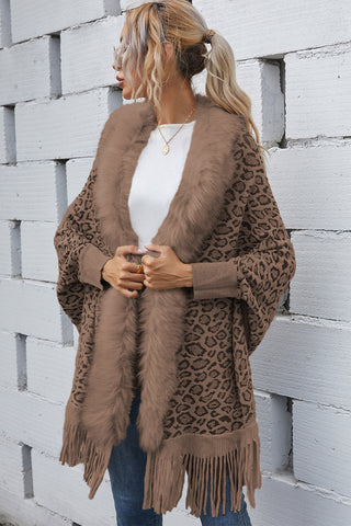 Shop Leopard Fringe Detail Poncho - High-Quality U.S. Made Women’s Fashion with Free Fast Shipping