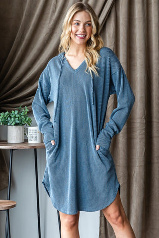 Shop Dk Denim Heimish Ribbed Long Sleeve Hooded Dress - High-Quality U.S. Made Women’s Fashion with Free & Fast Shipping