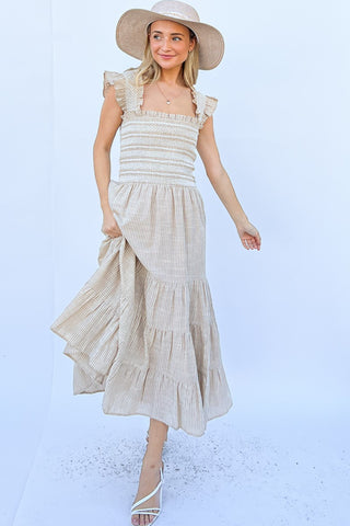 Shop NATURAL And The Why Linen Striped Ruffle Dress - High-Quality U.S. Made Women’s Fashion with Free & Fast Shipping