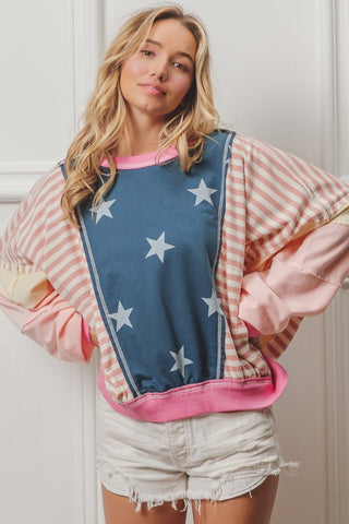 Shop BiBi Stars and Stripes Round Neck Long Sleeve Top - High-Quality U.S. Made Women’s Fashion with Free & Fast Shipping