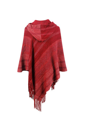 Shop Striped Fringe Hem Hooded Poncho - High-Quality U.S. Made Women’s Fashion with Free & Fast Shipping