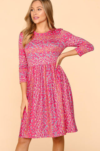 Shop Fuchsia Haptics Round Neck Floral Dress with Pockets - High-Quality U.S. Made Women’s Fashion with Free & Fast Shipping