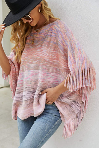 Shop Round Neck Fringe Detail Poncho - High-Quality U.S. Made Women’s Fashion with Free Fast Shipping