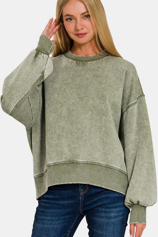 Shop LTOLIVE Zenana Round Neck Dropped Shoulder Lantern Sleeve Sweatshirt - High-Quality U.S. Made Women’s Fashion with Free & Fast Shipping