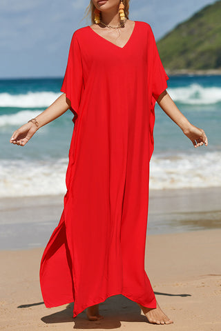 Shop Red One Size Slit V-Neck Half Sleeve Cover-Up - High-Quality U.S. Made Women’s Fashion with Free & Fast Shipping