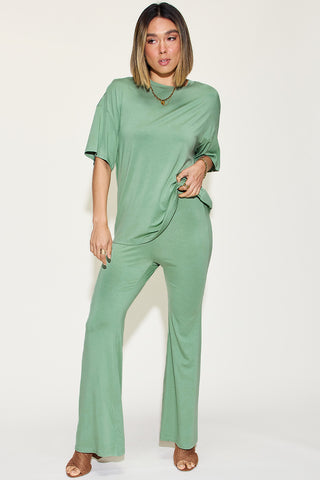 Shop Sage Basic Bae Full Size Bamboo Drop Shoulder T-Shirt and Flare Pants Set - High-Quality U.S. Made Women’s Fashion with Free & Fast Shipping