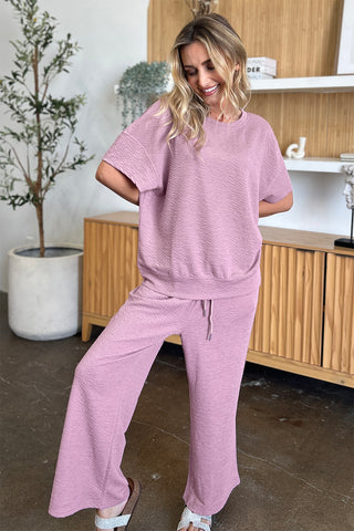 Shop Double Take Full Size Texture Short Sleeve Top and Pants Set - High-Quality U.S. Made Women’s Fashion with Free & Fast Shipping