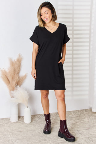 Shop Zenana Full Size Rolled Short Sleeve V-Neck Dress - High-Quality U.S. Made Women’s Fashion with Free & Fast Shipping