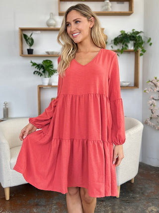 Shop Double Take Full Size V-Neck Balloon Sleeve Tiered Dress with Pockets - High-Quality U.S. Made Women’s Fashion with Free & Fast Shipping