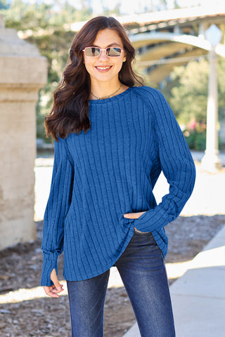 Shop Royal Blue Basic Bae Full Size Ribbed Round Neck Long Sleeve Knit Top - High-Quality U.S. Made Women’s Fashion with Free & Fast Shipping