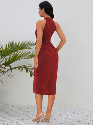 Shop Burgundy Slit Ruched Mock Neck Sleeveless Dress - High-Quality U.S. Made Women’s Fashion with Free & Fast Shipping