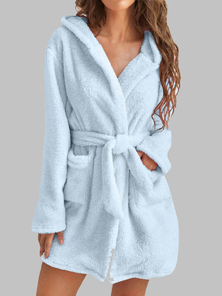 Shop Misty Blue Tie Waist Hooded Robe - High-Quality U.S. Made Women’s Fashion with Free & Fast Shipping