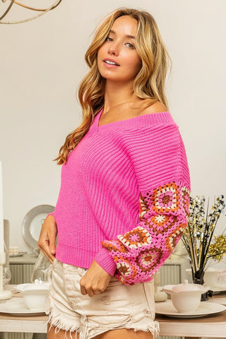 Shop BiBi V-Neck Crochet Long Sleeve Sweater - High-Quality U.S. Made Women’s Fashion with Free & Fast Shipping