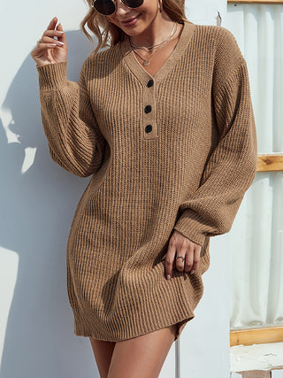 Shop Camel V-Neck Dropped Shoulder Mini Sweater Dress - High-Quality U.S. Made Women’s Fashion with Free & Fast Shipping