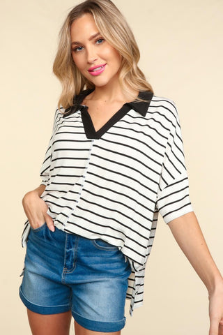 Shop Haptics Full Size Striped Dropped Shoulder Half Sleeve T-Shirt - High-Quality U.S. Made Women’s Fashion with Free & Fast Shipping