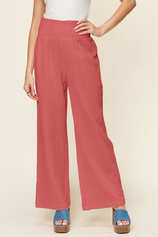 Shop Hot Pink Double Take Full Size Texture Smocked Waist Wide Leg Pants - High-Quality U.S. Made Women’s Fashion with Free & Fast Shipping